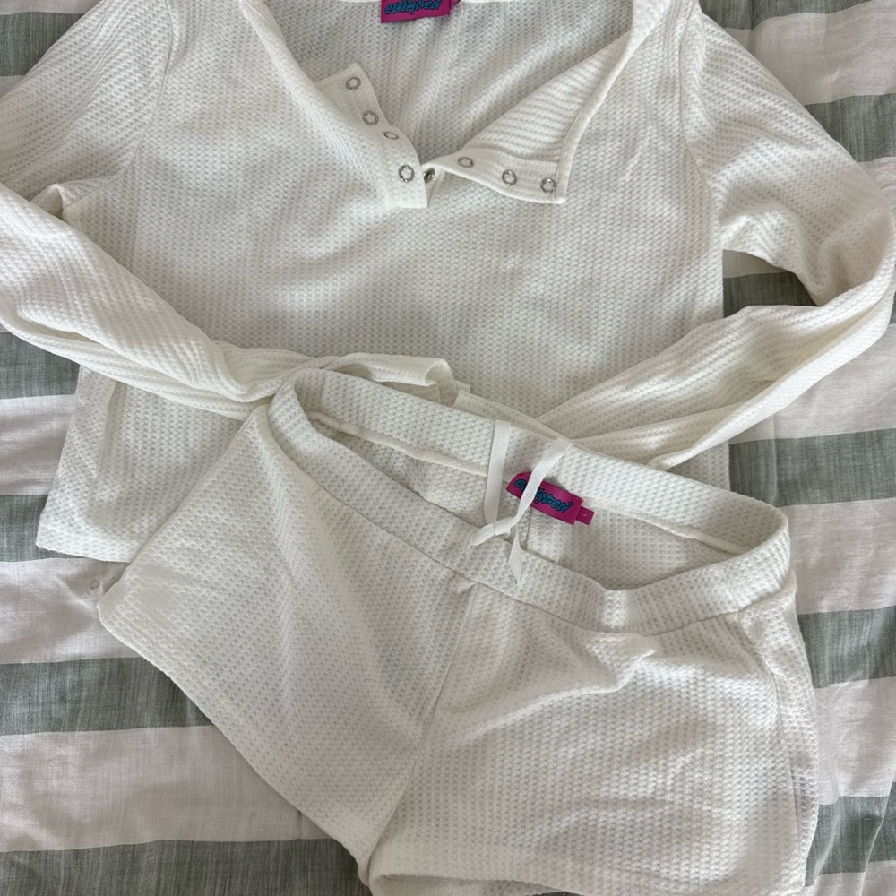 Edikted White Waffle Knit Top and Shorts Set